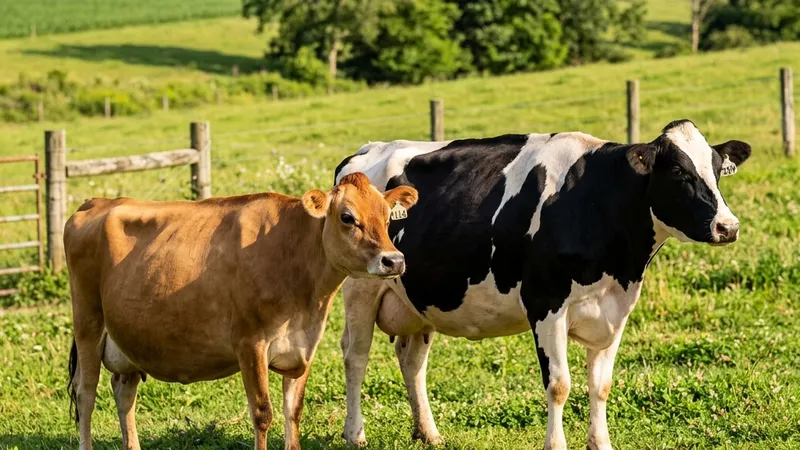 Side-by-side comparison of a pregnant Jersey cow and a pregnant Holstein cow
