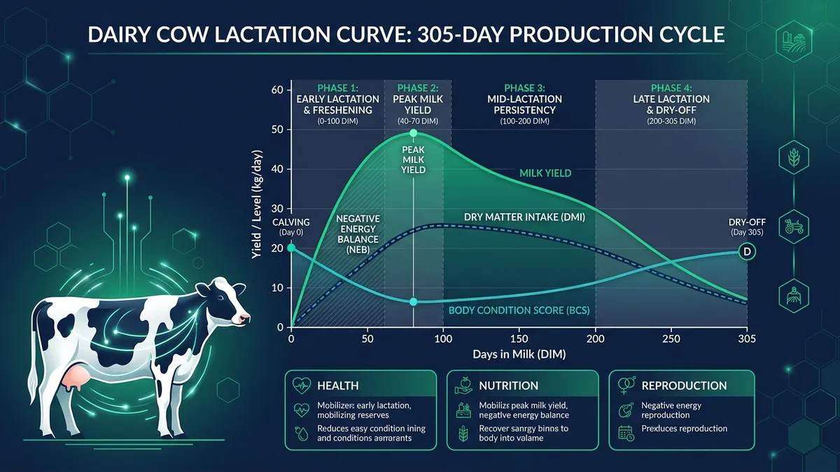 Dairy cow lactation curve 305-day production cycle diagram showing milk yield, dry matter intake, and body condition score across 4 phases