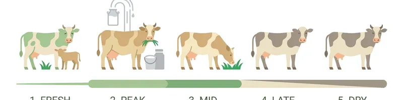 Timeline of dairy cow lactation stages: fresh, peak, mid, late, and dry