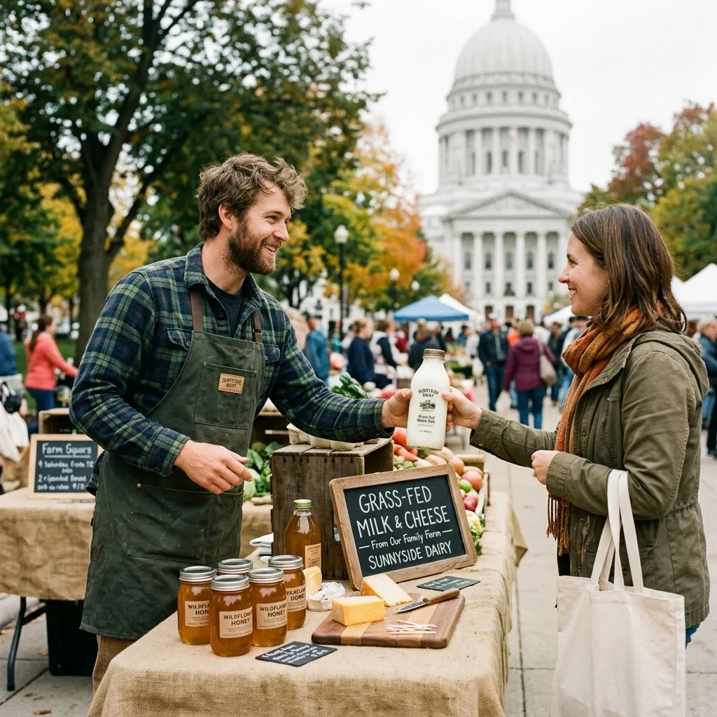A Wisconsin dairy farmer handing a glass bottle of milk to a customer at a farmers market