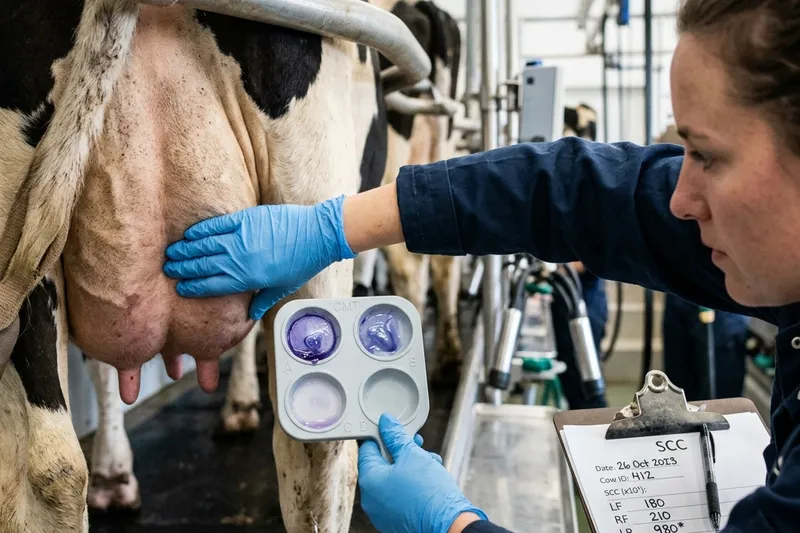 Veterinarian performing CMT milk test in a parlor