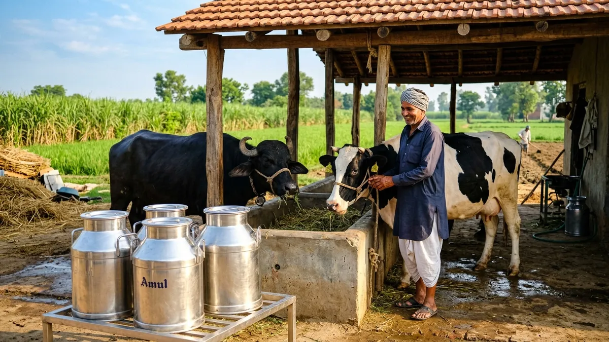 Indian dairy farm with a farmer, crossbred cow, Murrah buffalo, and stainless steel milk cans
