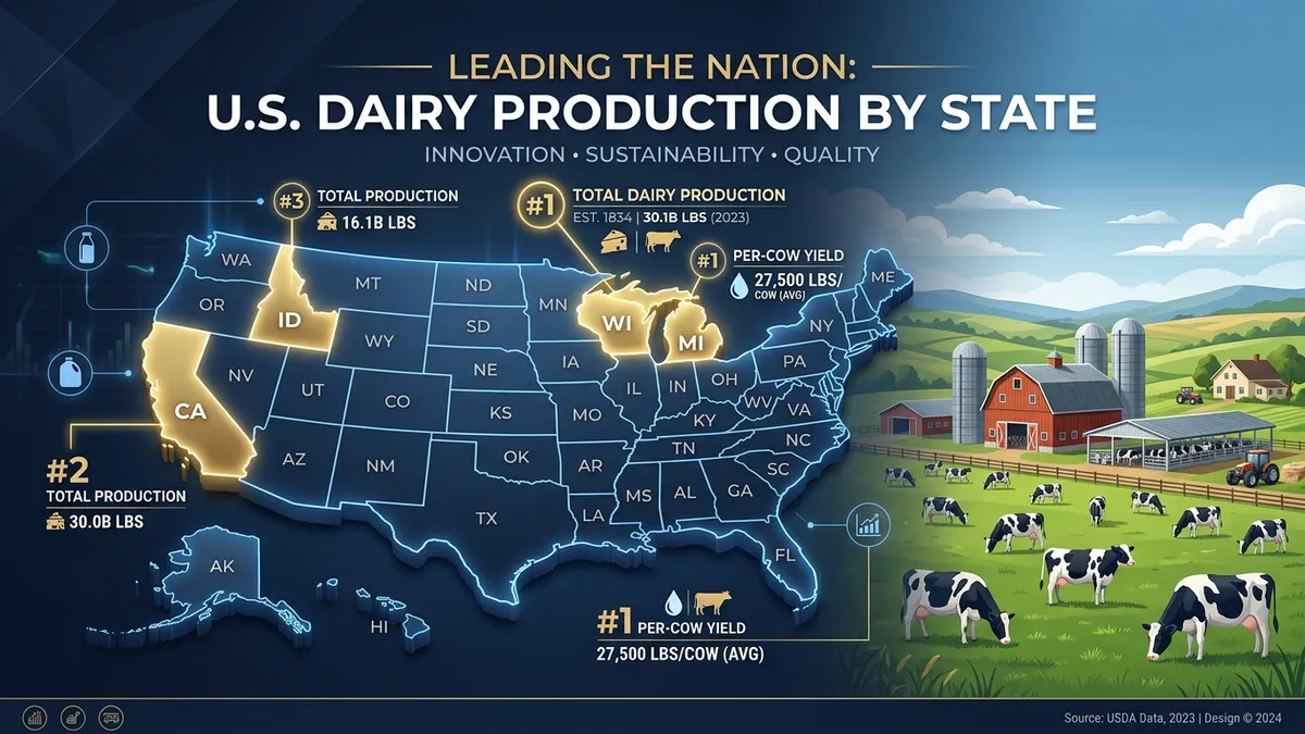 US dairy production by state 3D map showing Michigan, Wisconsin, Idaho and California benchmarks