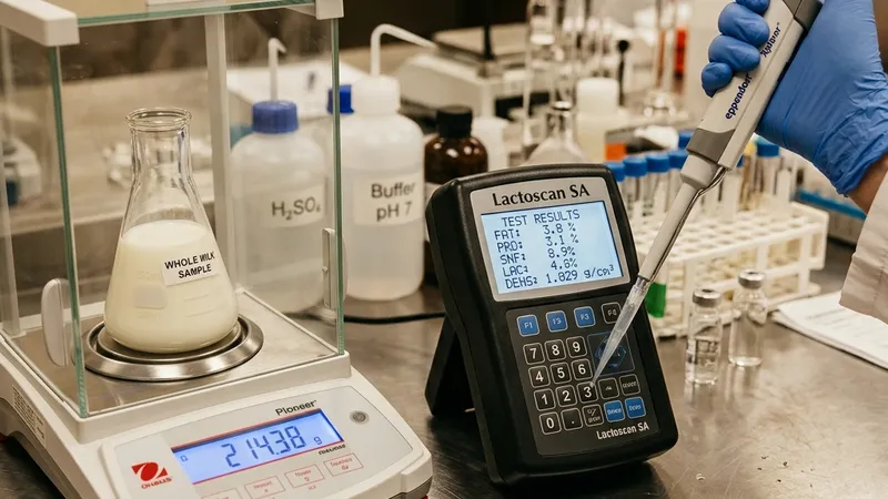 Dairy laboratory milk component testing station with fresh milk and portable milk analyzer