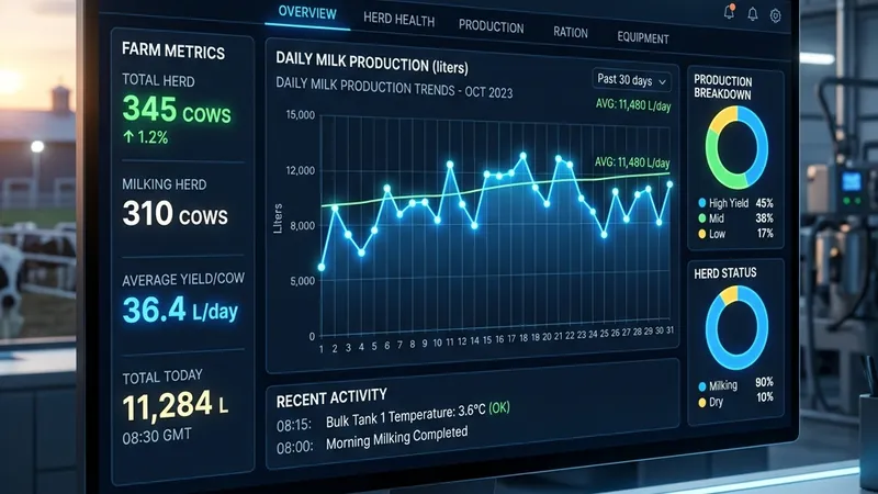 A sleek modern digital dashboard showing a milk production chart for a dairy farm