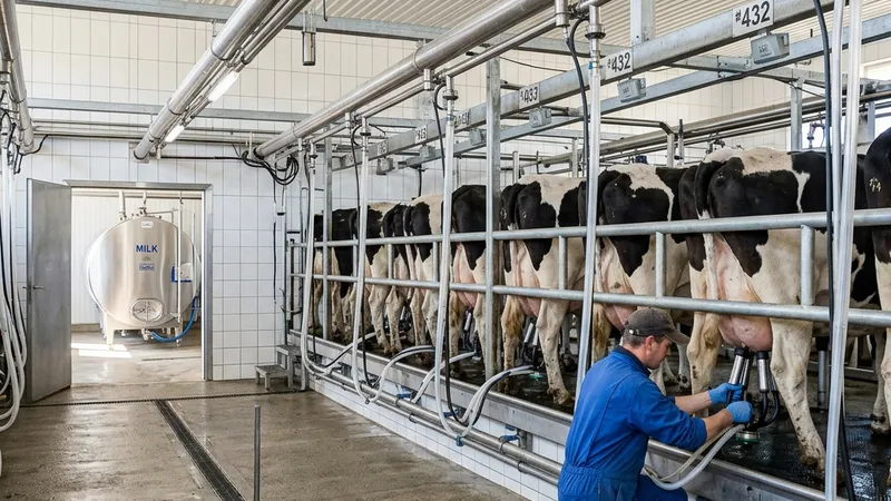 Interior of a modern parallel milking parlor with Holstein cows and stainless steel equipment
