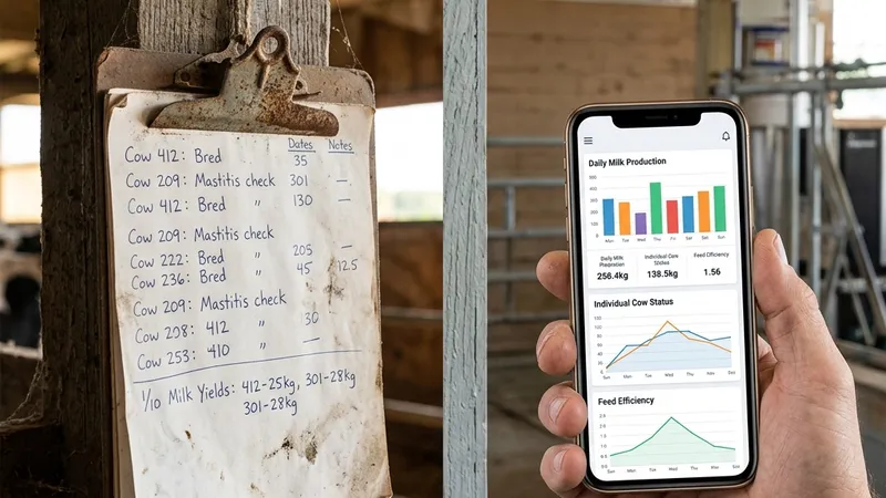 Split composition showcasing traditional dusty paper records versus modern digital smartphone dairy farm app