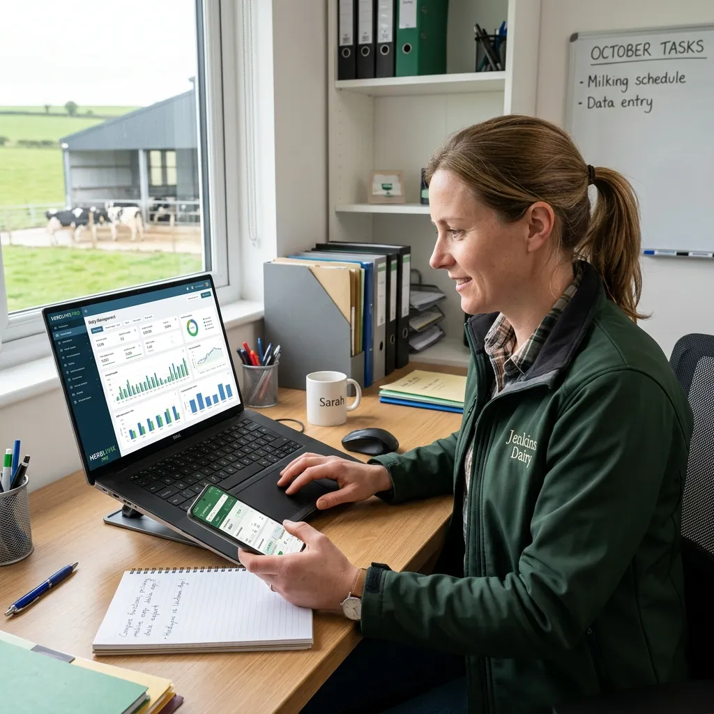 Dairy farmer comparing herd management software options on laptop and phone