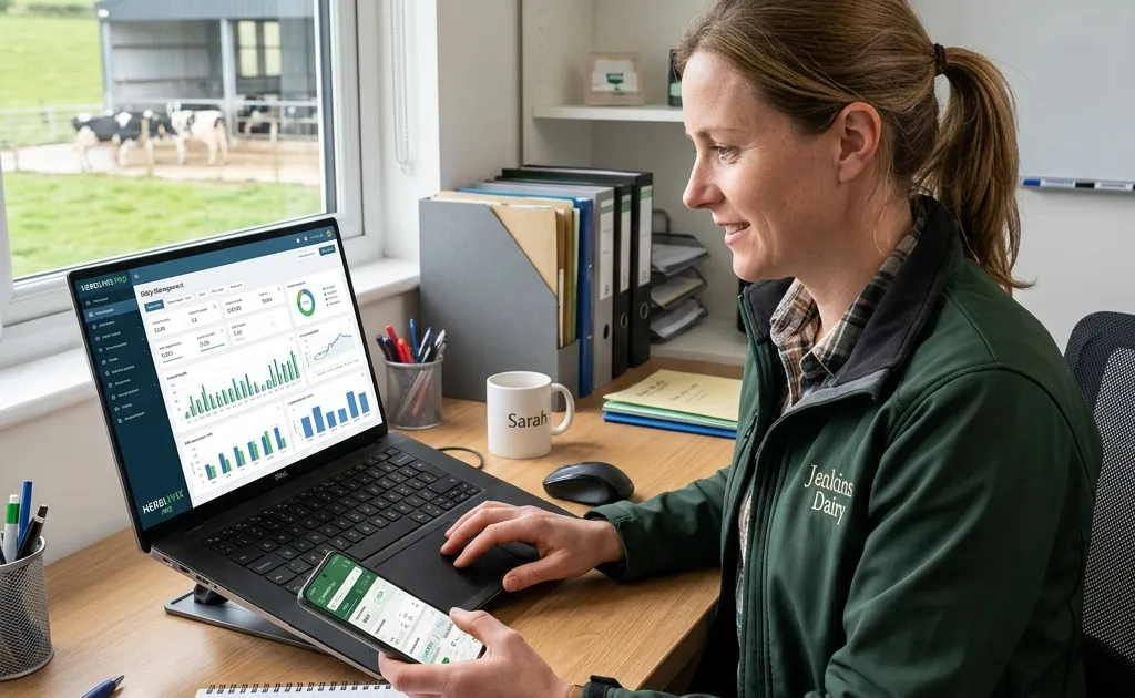 Dairy farmer comparing herd management software options on laptop and phone