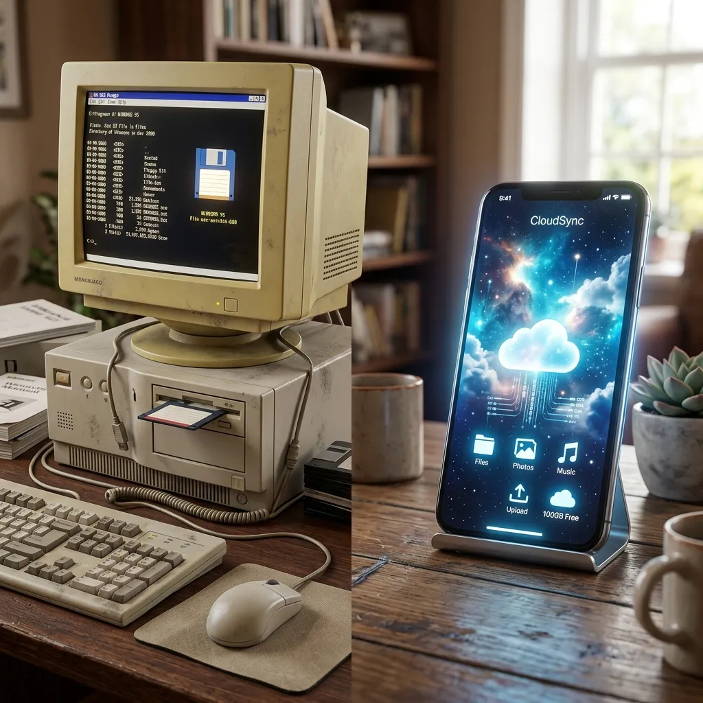 Split comparison showing a frustrated farmer with an old desktop computer versus a smiling farmer using a modern mobile app in a clean barn