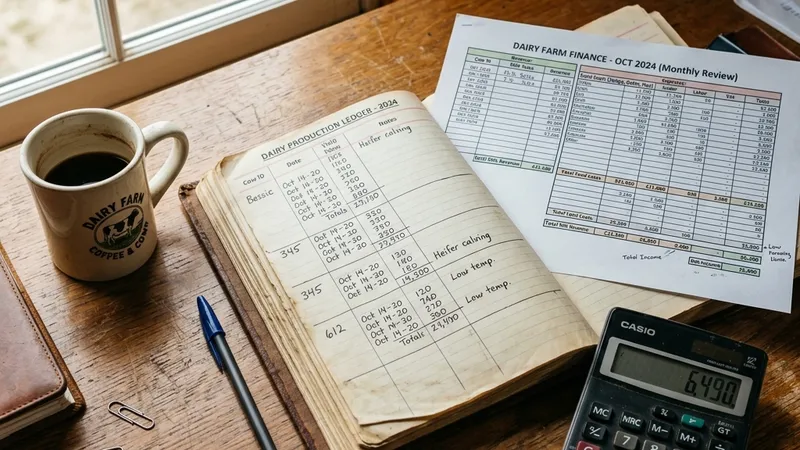 Dairy farm financial planning workspace with open ledger book, calculator, and printed spreadsheet