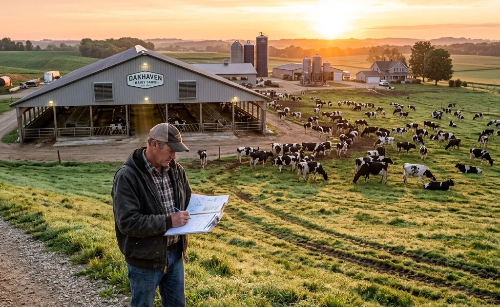 Prosperous dairy farm at sunrise with a farmer reviewing financial papers outside a modern free-stall barn