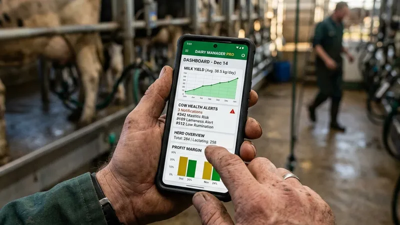 Dairy farmer hands holding a smartphone displaying a herd management dashboard app with profit margin charts