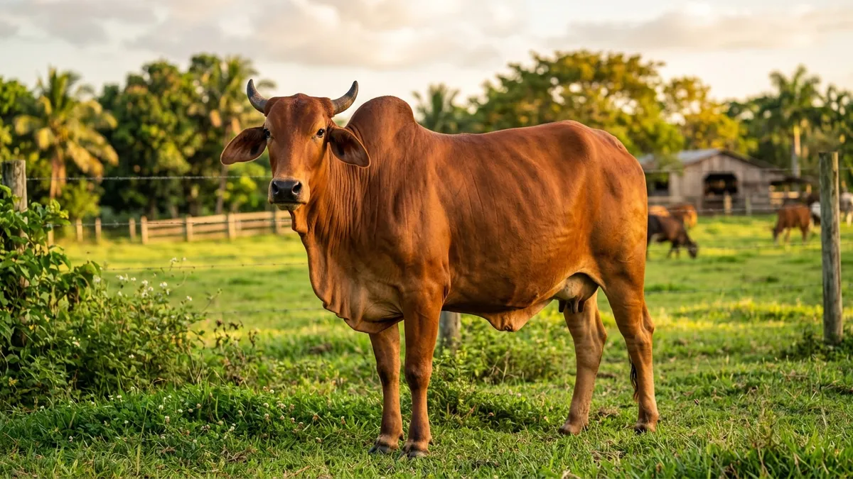 Purebred Sahiwal dairy cow with reddish-brown coat and Zebu hump in lush tropical pasture