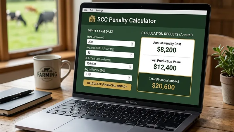 Mockup screenshot of the SCC Penalty Calculator tool interface on a laptop screen.