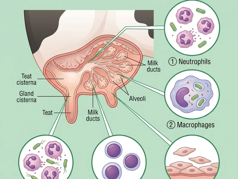 Scientific infographic showing a cross-section of a cow's udder with magnified circles revealing different somatic cell types.