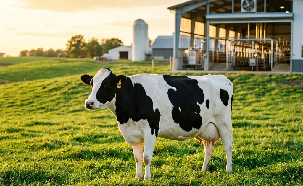 A wide panoramic photograph of a healthy dairy cow standing in a lush green pasture at golden hour.