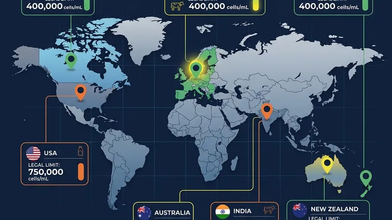 World map infographic showing major dairy-producing countries with their legal SCC limits displayed as color-coded markers.