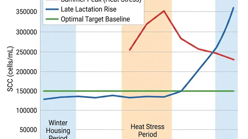 Clean line chart showing seasonal SCC patterns across 12 months with summer peak and winter housing periods highlighted.