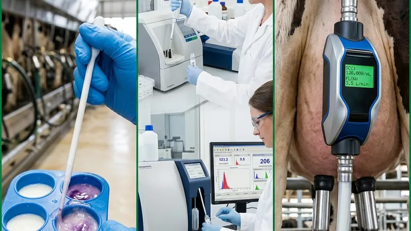 Triptych-style photograph showing three dairy SCC testing methods side by side in equal panels.