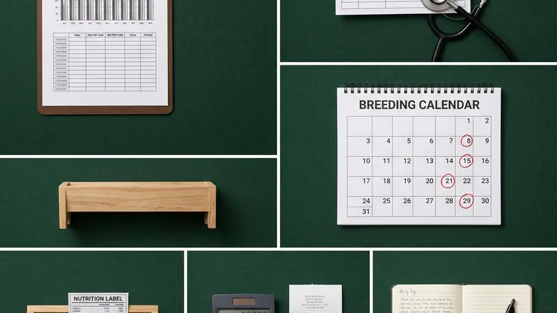 Infographic-style flat lay of 6 dairy record types including milk chart, health card, breeding calendar, nutrition label, financial calculator, and daily log book