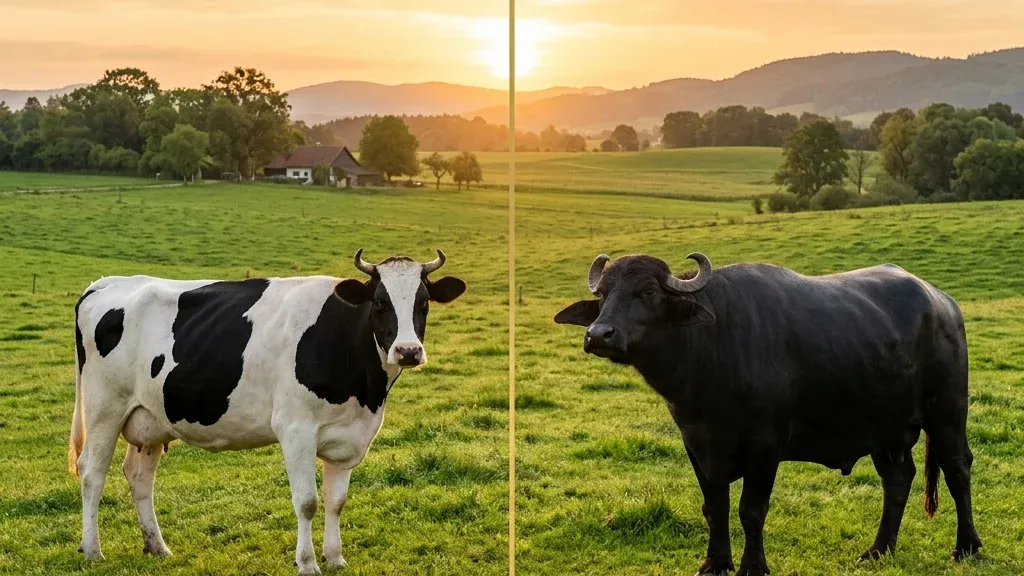 Cow vs buffalo milk SNF percentage comparison infographic showing 8.3 to 9.5 percent solids-not-fat
