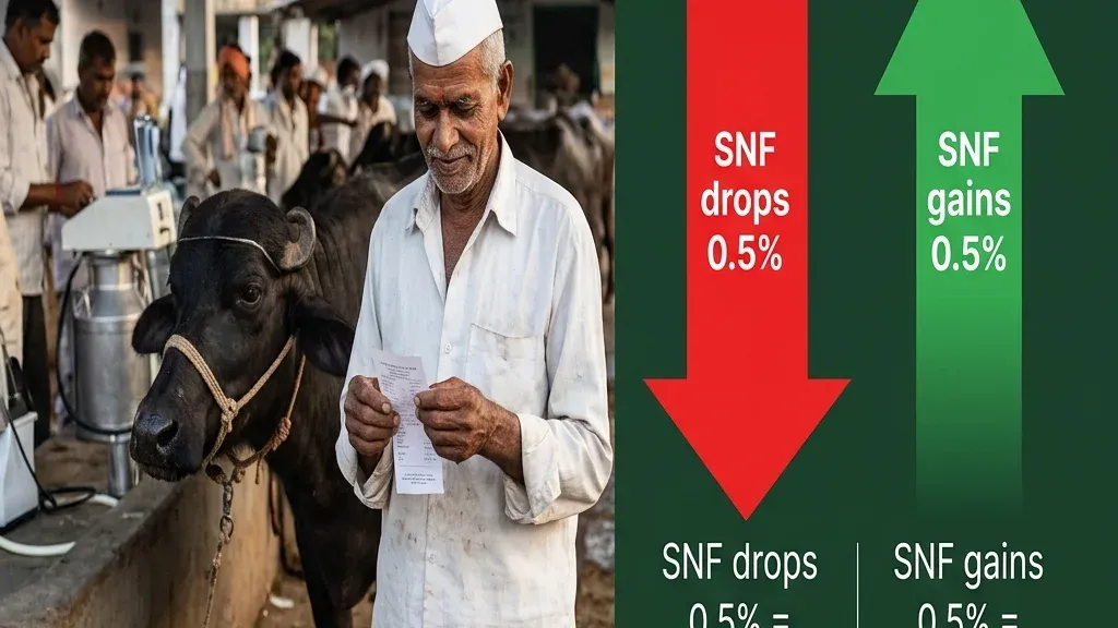 How SNF in milk affects dairy farmer earnings with 0.5 percent SNF drop costing 1050 rupees per month