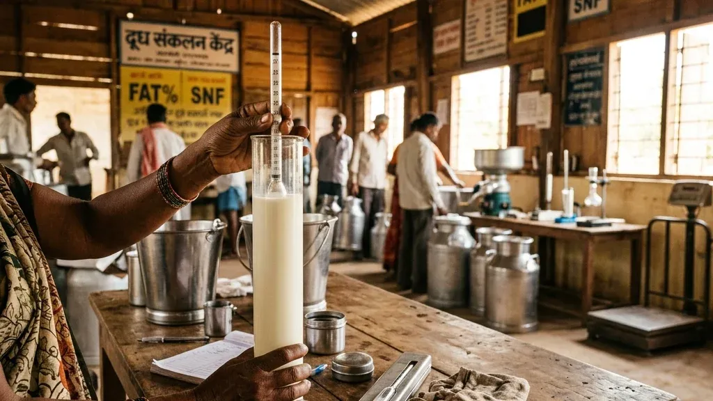 How to calculate SNF in milk using a lactometer and fat percentage at a dairy collection centre