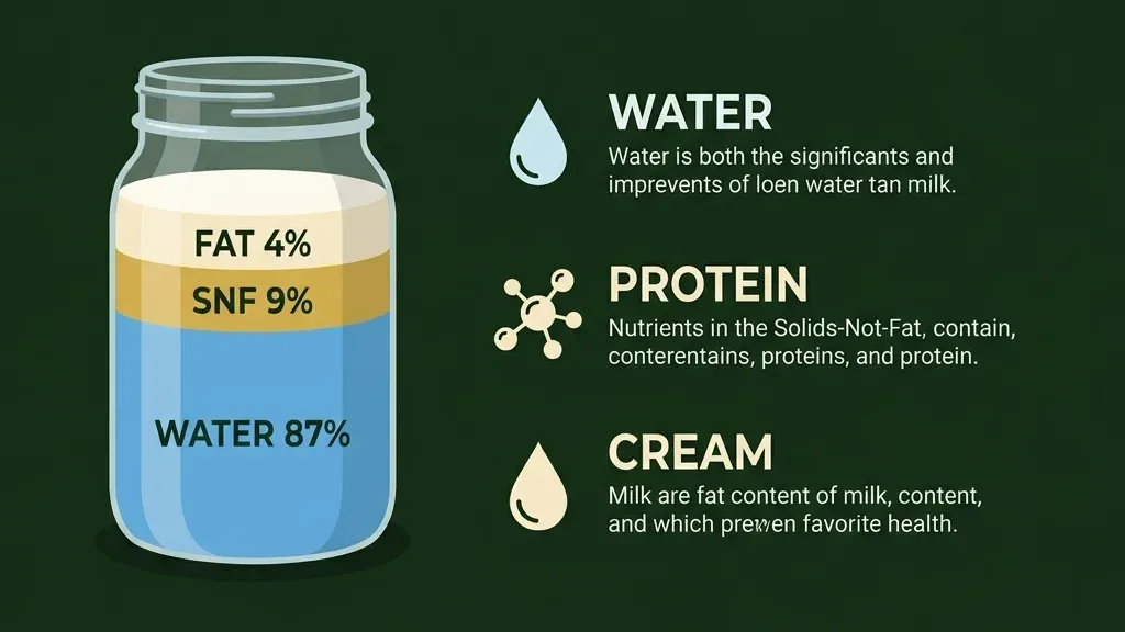 SNF in milk composition diagram showing water, fat, and solids-not-fat breakdown in a glass jar