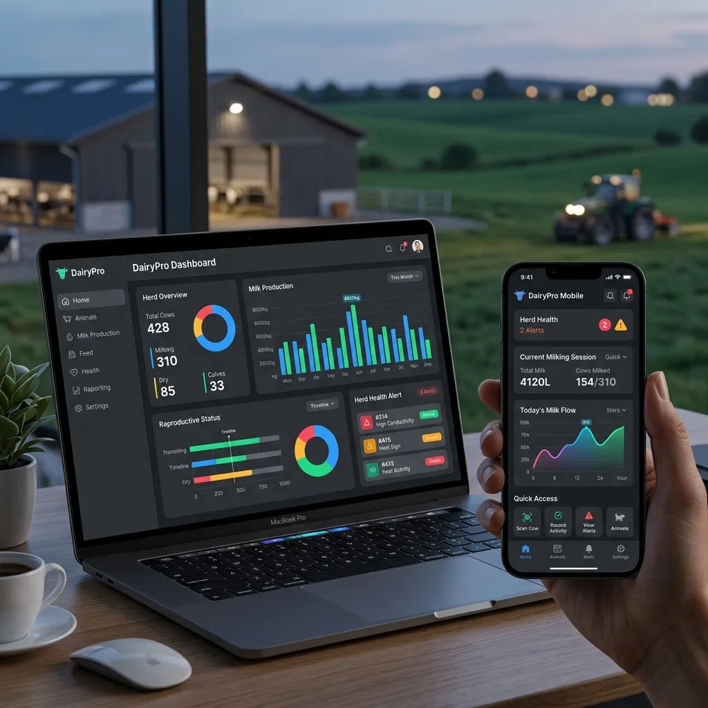 Dairy farm management software comparison on laptop and mobile screens