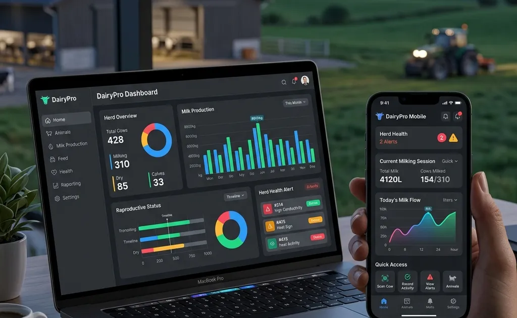 Dairy farm management software comparison on laptop and mobile screens