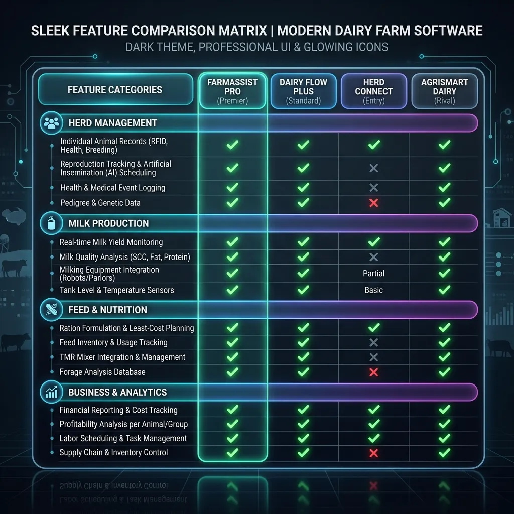 Feature Comparison Matrix for dairy software