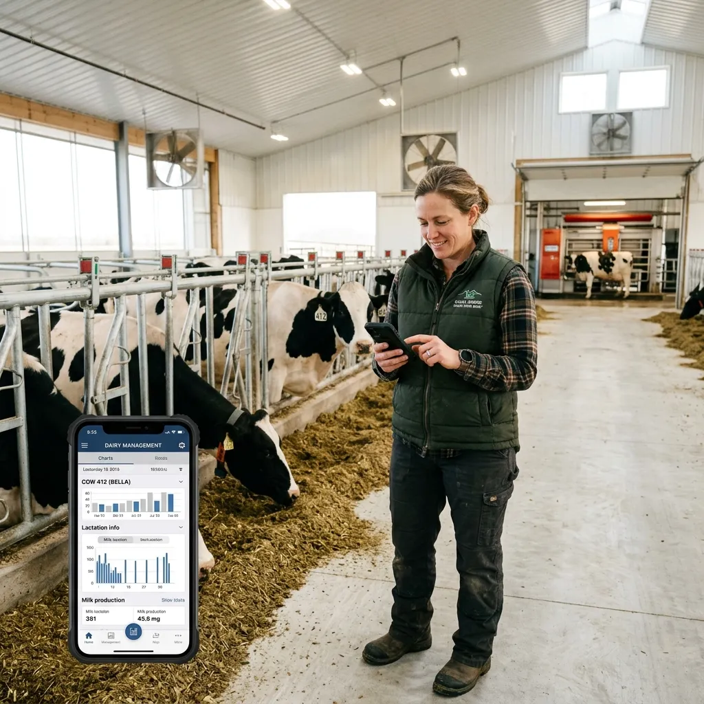 Farmer using mobile app vs desktop in barn
