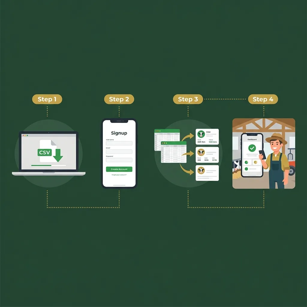 Four step illustration showing the transition from spreadsheet to modern farm app