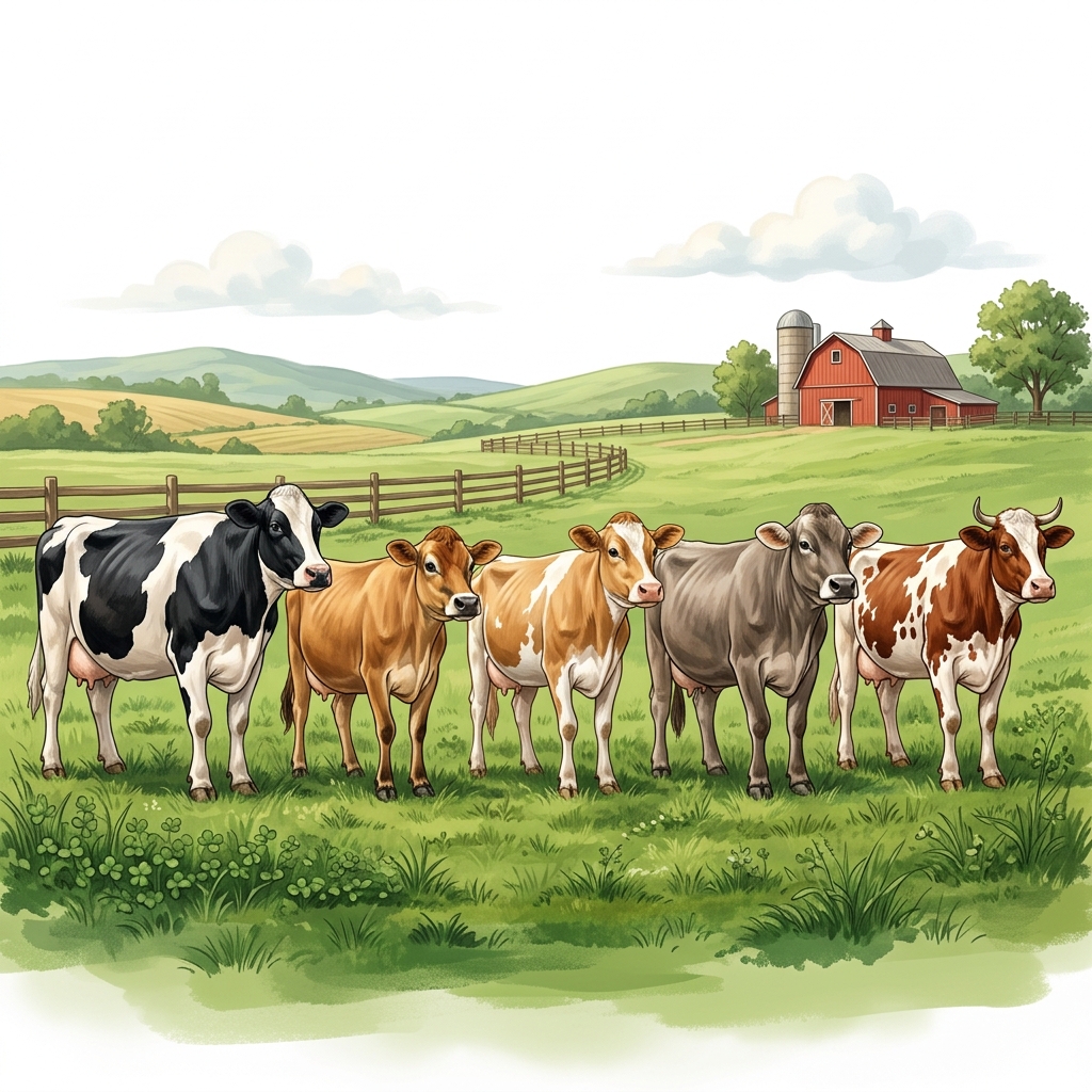 Five major dairy cow breeds — Holstein, Jersey, Guernsey, Brown Swiss, and Ayrshire — standing in a green pasture