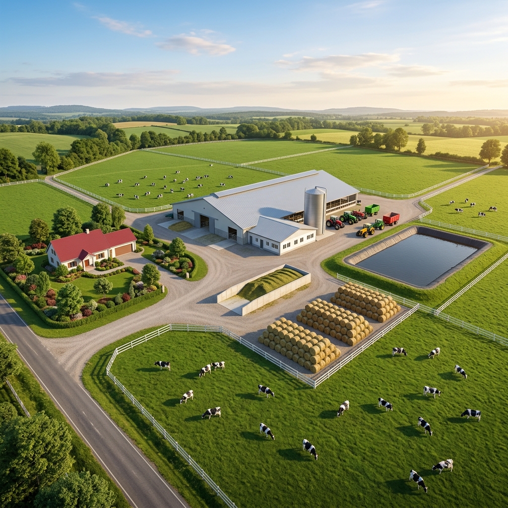 Aerial view of a modern dairy farm layout showing barn, milking parlor, feed storage, and pasture fields