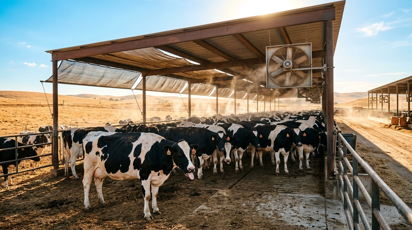 A row of black-and-white Holstein dairy cows standing under a large metal shade structure with industrial fans blowing mist, panting in the heat.