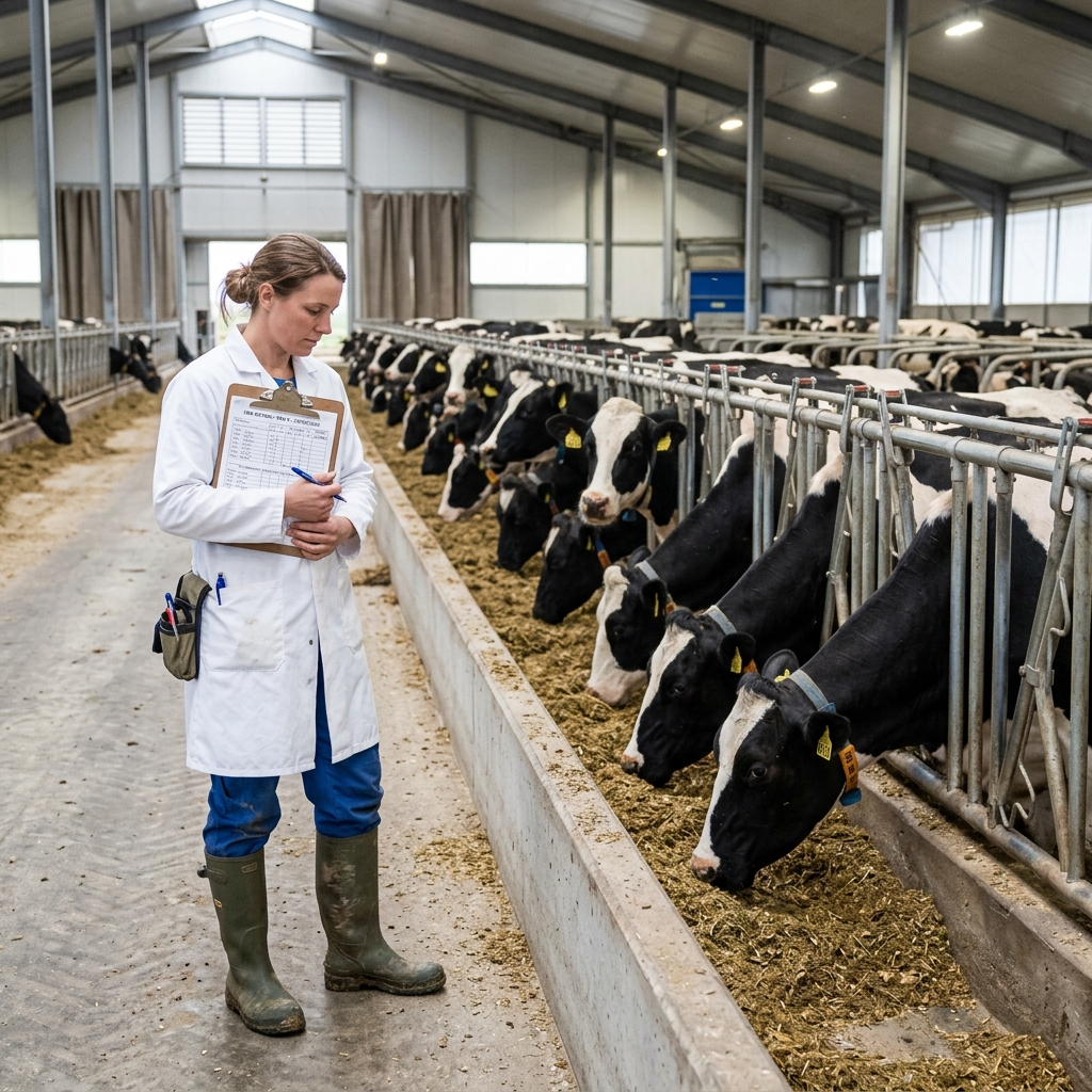Dairy nutritionist reviewing IOFC benchmark data on tablet in modern free-stall barn