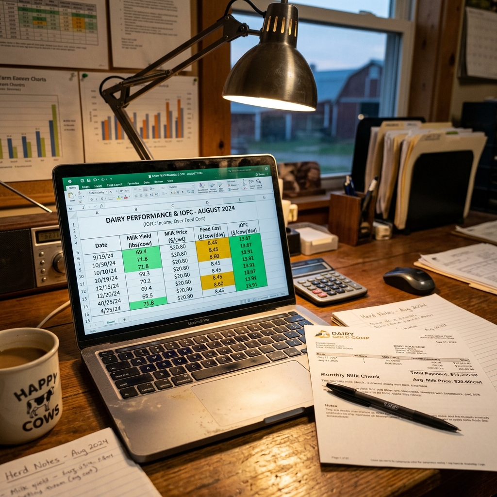 Dairy manager reviewing IOFC calculations and feed cost data on a laptop spreadsheet in the farm office