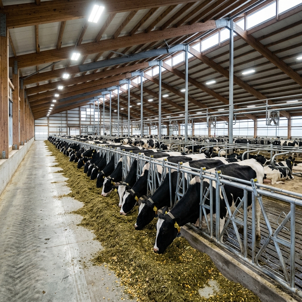 Wide shot of a total mixed ration feed bunk at a well-managed free-stall dairy with fresh feed visible
