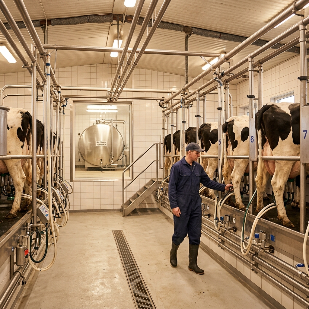 Interior of a modern parallel milking parlor with Holstein cows and stainless steel equipment