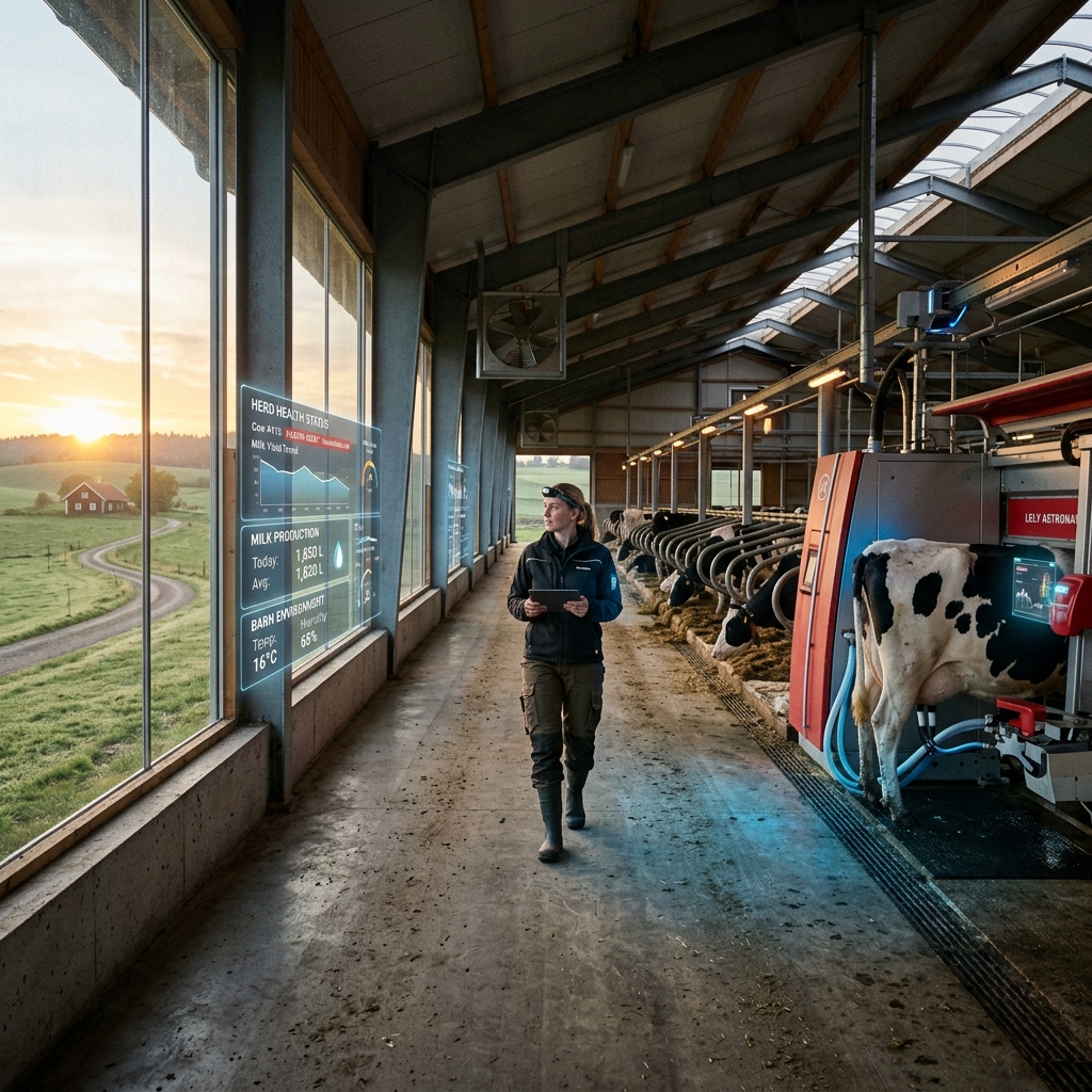 Futuristic dairy farm scene with IoT sensors, robotic milking, and holographic data overlays