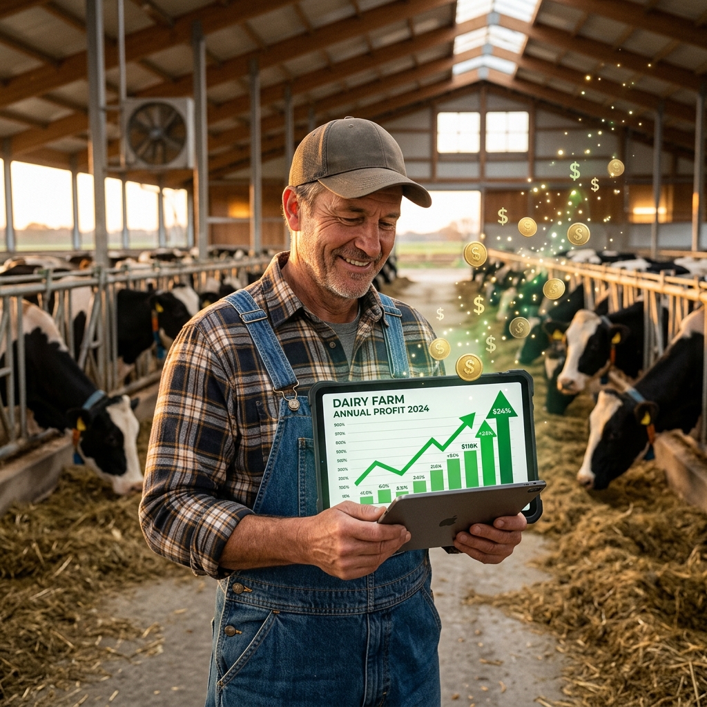 Farmer looking at a tablet showing a rising profit graph in a prosperous dairy barn