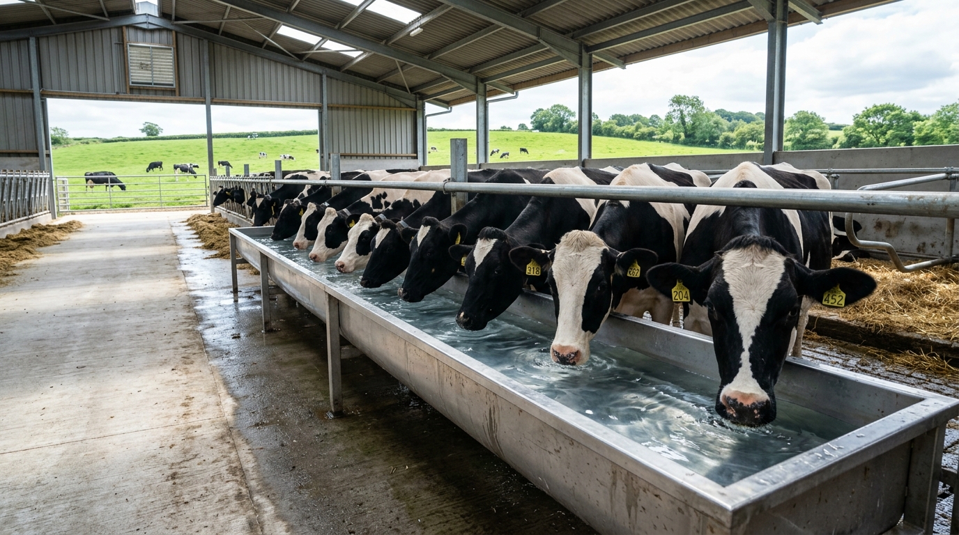 A wide cinematic photograph of dairy cows drinking from a long stainless steel water trough in a clean freestall barn.