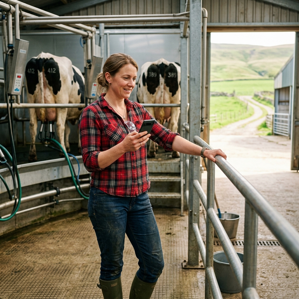 Dairy farmer logging milk on phone
